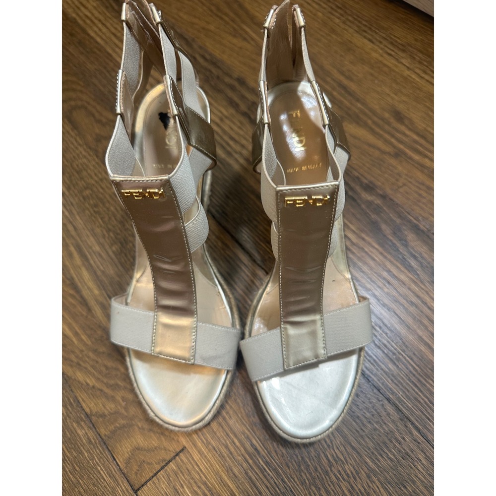 Fendi Womens Metallic Gold Caged Espadrille Wedge Sandals Back Zip Italy 36.5
